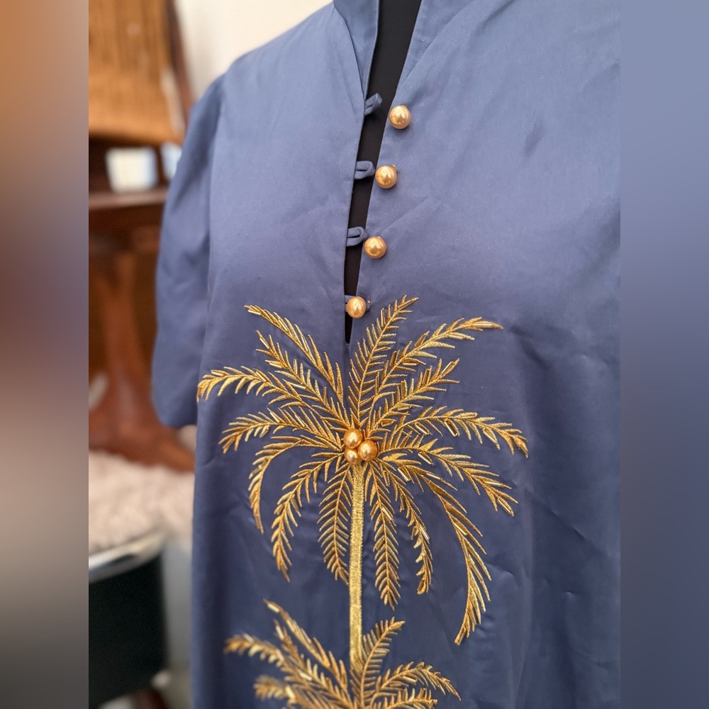 MESTIZA Elliana Gold Palm Embroidered Cotton Poplin Midi Dress in Blue Sz M $475 - Picture 9 of 16